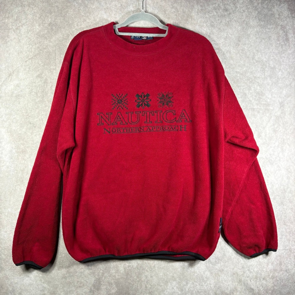 Vintage Nautica Sweatshirt Mens M Red Northern Approach Fleece Pullover Y2K 90s